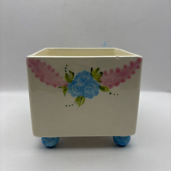 Footed Planter Ceramic Blue and Pink Floral VTG