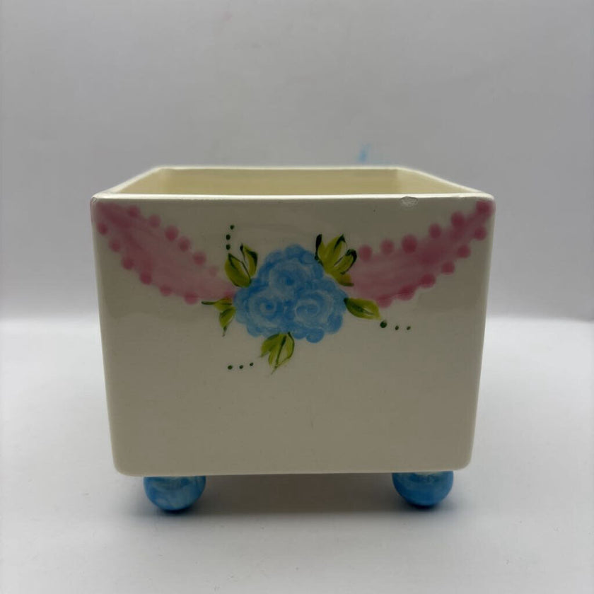 Footed Planter Ceramic Blue and Pink Floral VTG