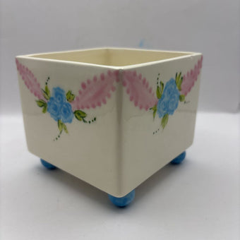 Footed Planter Ceramic Blue and Pink Floral VTG