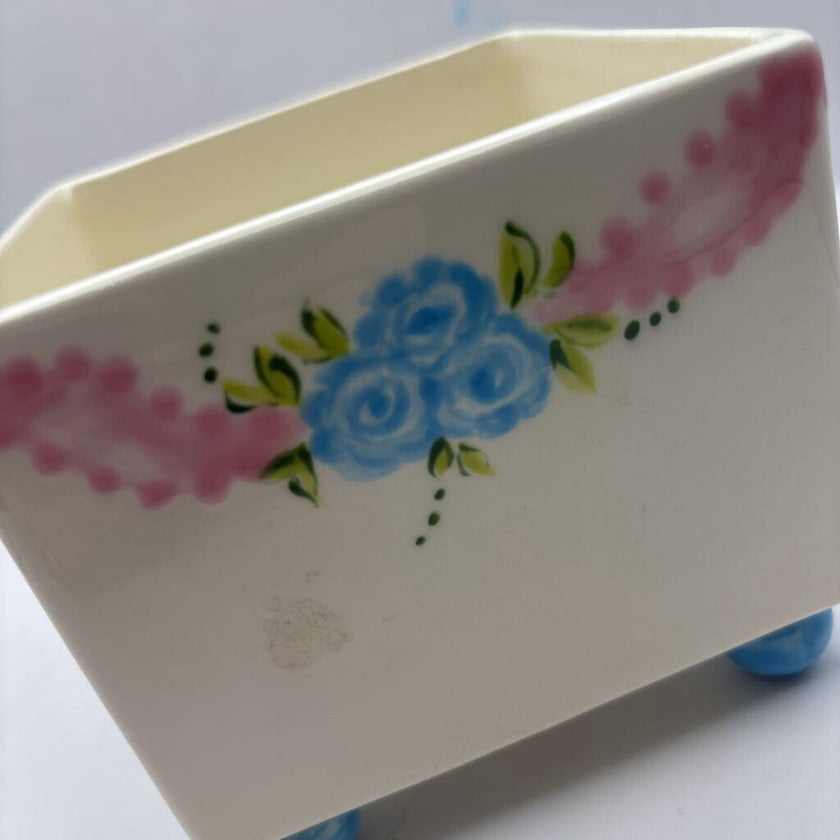Footed Planter Ceramic Blue and Pink Floral VTG