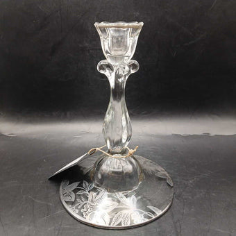 Vintage Glass Candlestick With Silver Floral Pattern