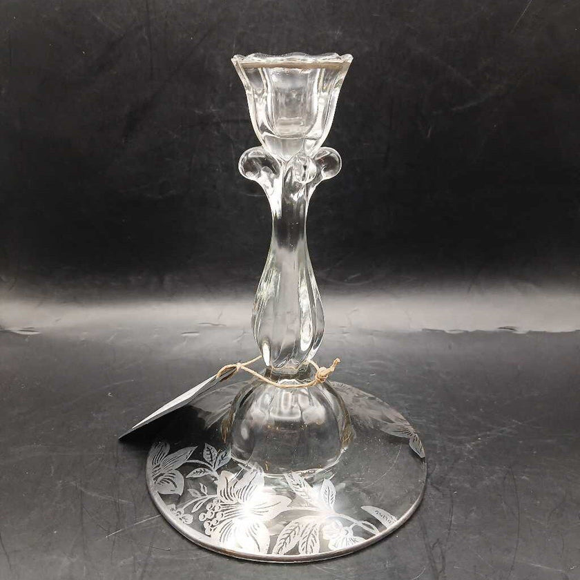 Vintage Glass Candlestick With Silver Floral Pattern