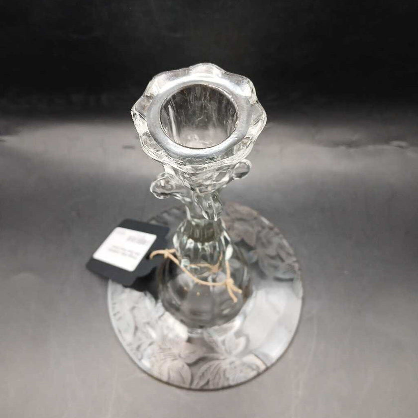 Vintage Glass Candlestick With Silver Floral Pattern