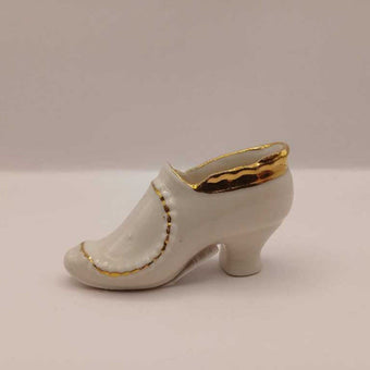 2 VTG Miniature Porcelain SHOE Slipper Heel White w/ Gold Trim