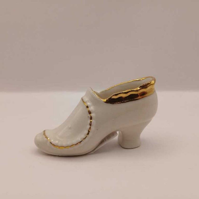 2 VTG Miniature Porcelain SHOE Slipper Heel White w/ Gold Trim