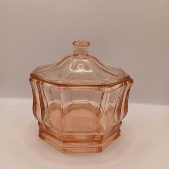 Vtg iridescent glass concord pink octagon dish with lid
