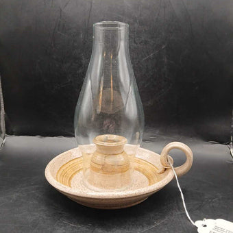 Signed Vintage Brown speckled Ceramic candle lantern with glass