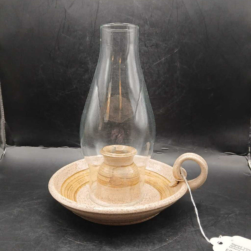 Signed Vintage Brown speckled Ceramic candle lantern with glass