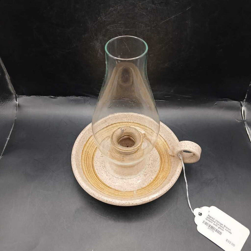 Signed Vintage Brown speckled Ceramic candle lantern with glass