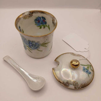 Vintage floral condiment jar with spoon and lid