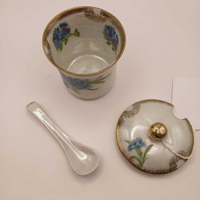 Vintage floral condiment jar with spoon and lid