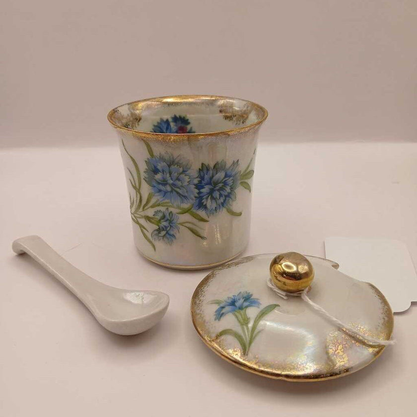 Vintage floral condiment jar with spoon and lid
