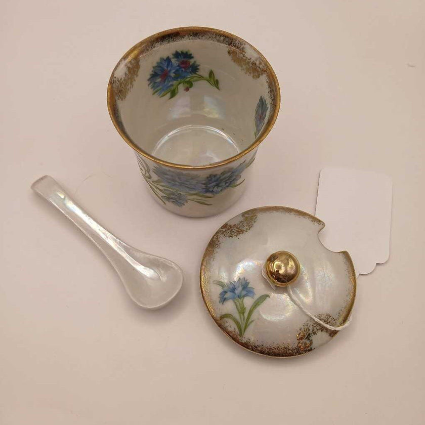 Vintage floral condiment jar with spoon and lid