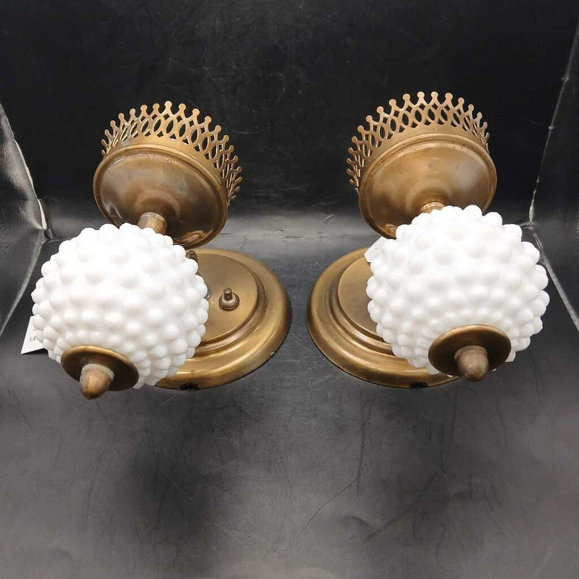 set of 2 VTG Brass & Milk Glass , Hobnail wall Sconce