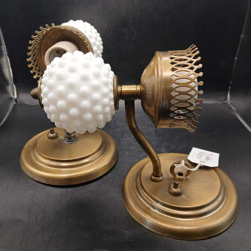 set of 2 VTG Brass & Milk Glass , Hobnail wall Sconce