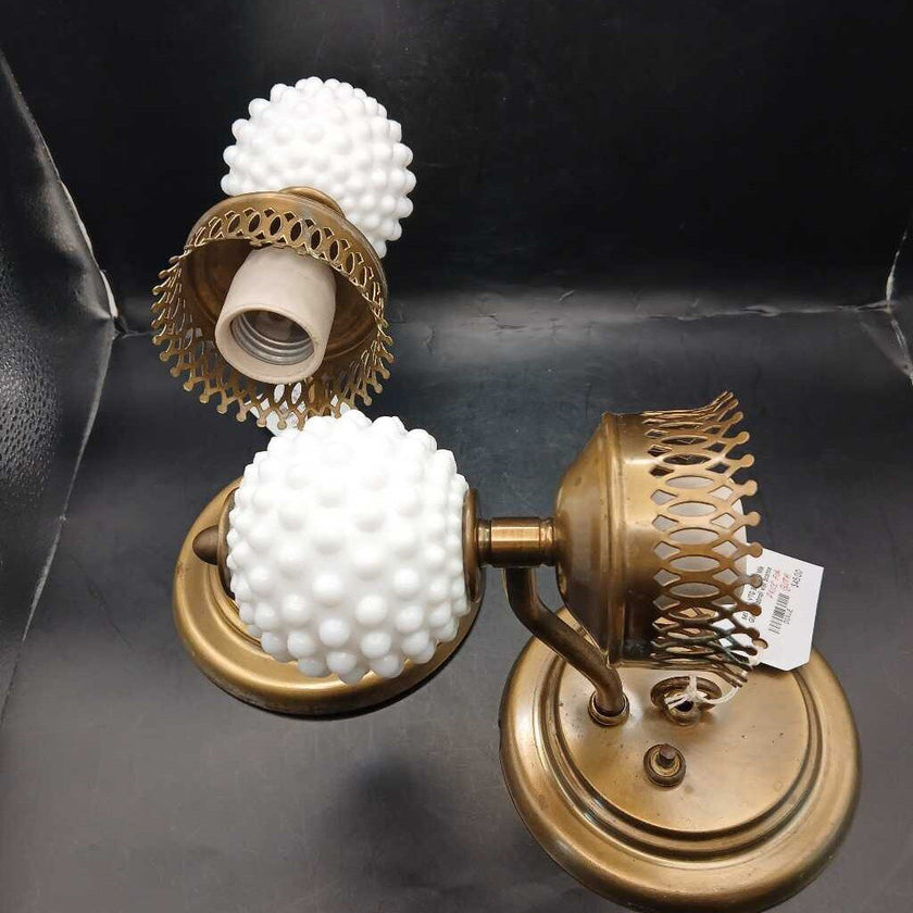set of 2 VTG Brass & Milk Glass , Hobnail wall Sconce