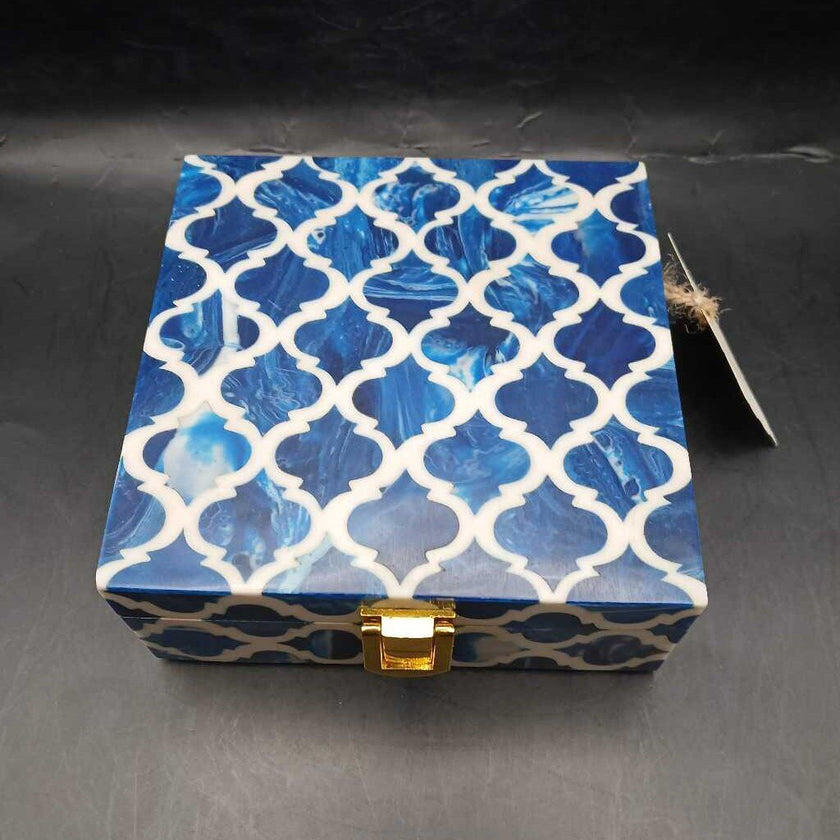 Resin Blue & White Moroccan pattern storage box with clasp
