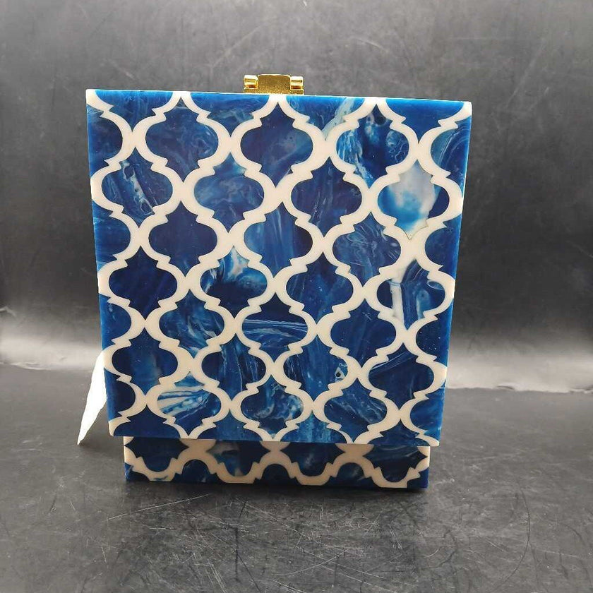 Resin Blue & White Moroccan pattern storage box with clasp