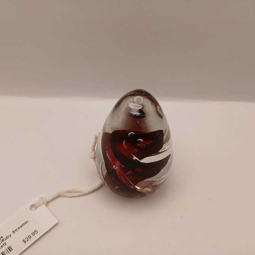 Handblown Glass Paperweight w/Ruby Streamer, Signed Tom Retz