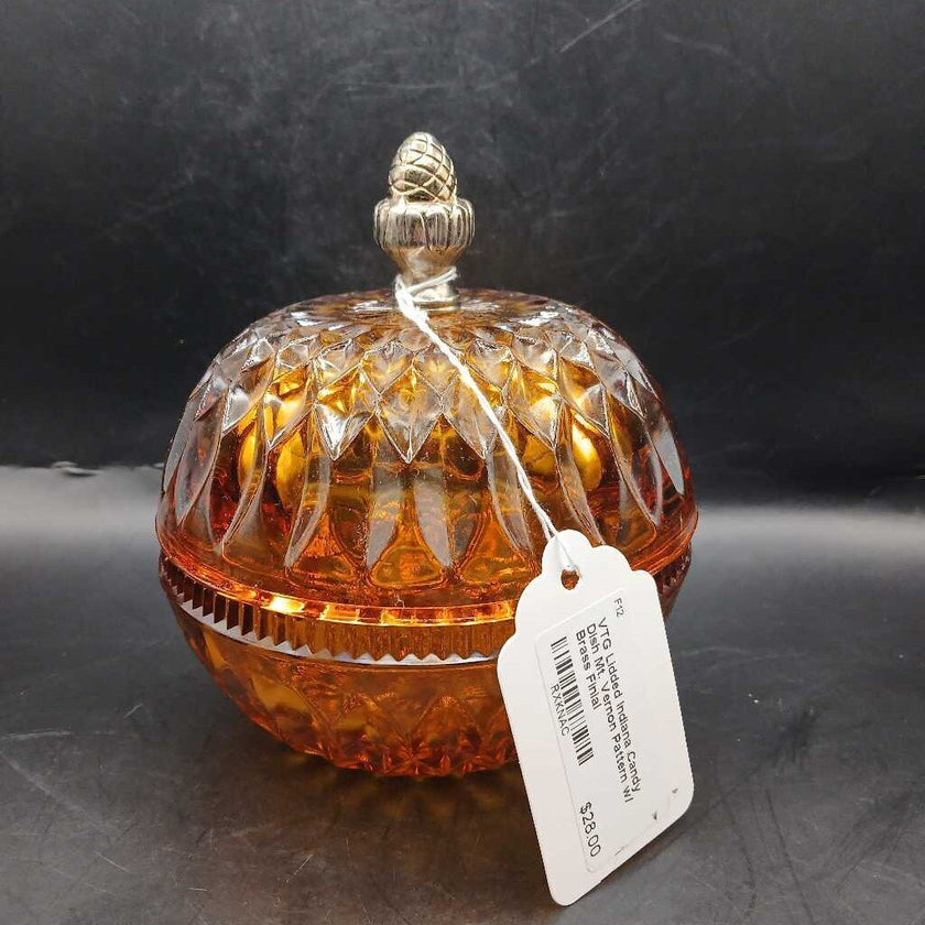 VTG Lidded Indiana Candy Dish Mt. Vernon Pattern w/ Brass Finial