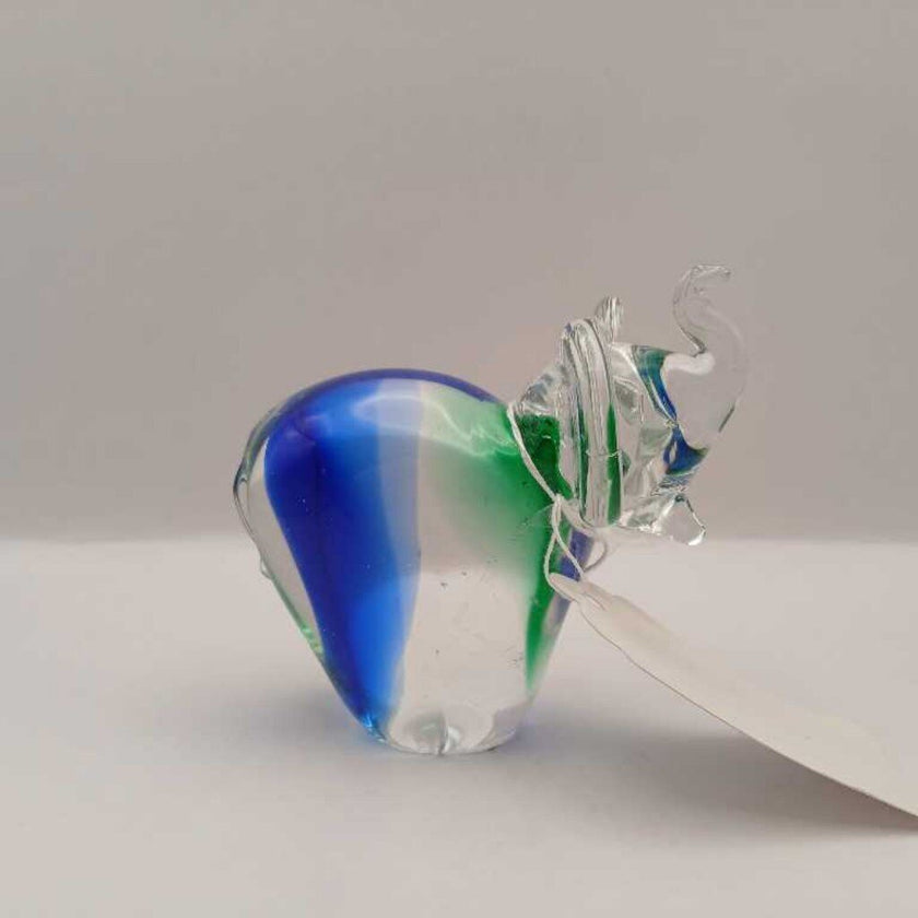 Art Glass Paperweight Elephant Yellow & Blue