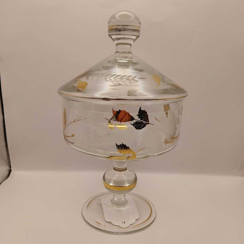 Vintage Lidded 22k Gold Etched floral hand blown clear glass candy dish
