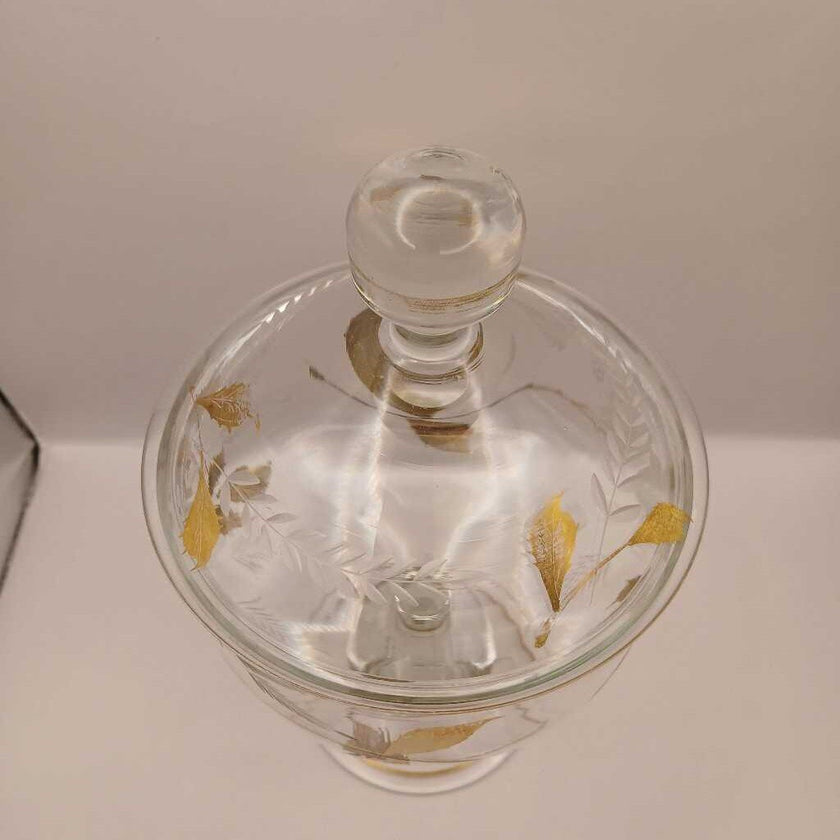 Vintage Lidded 22k Gold Etched floral hand blown clear glass candy dish