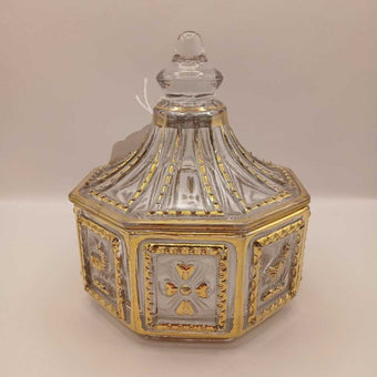 VTG octagon Imperial glass gold painted lidded candy trinket dish