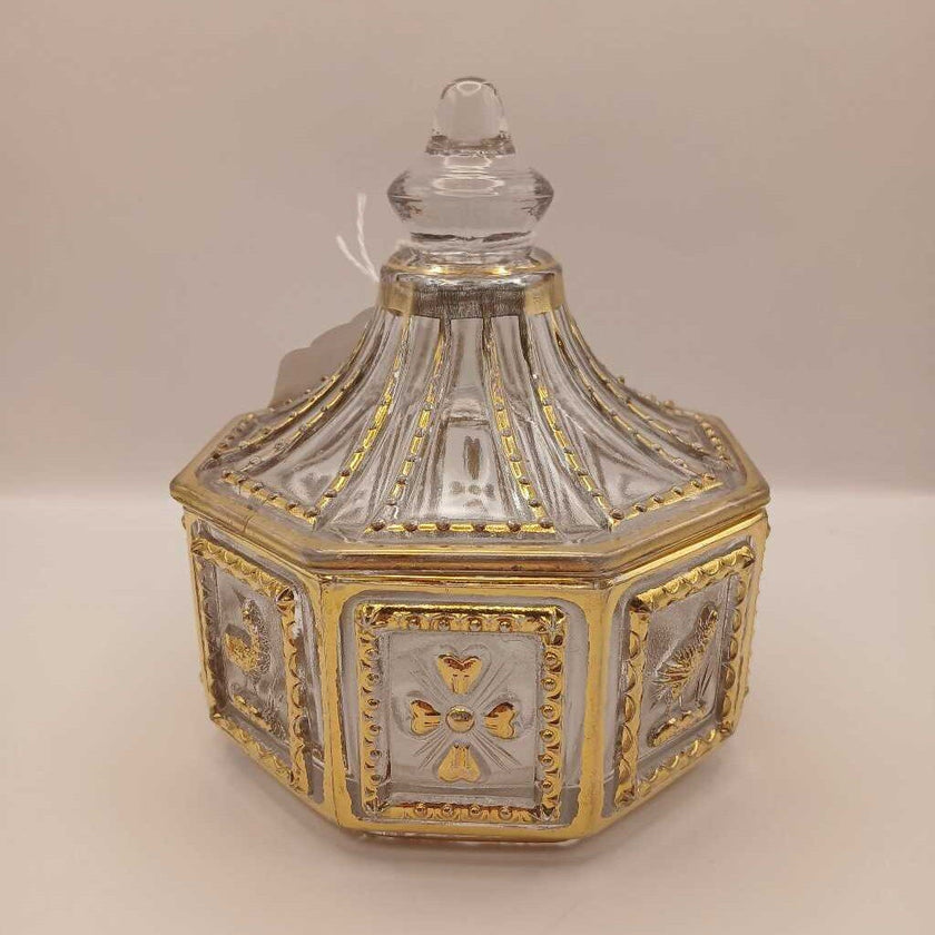 VTG octagon Imperial glass gold painted lidded candy trinket dish
