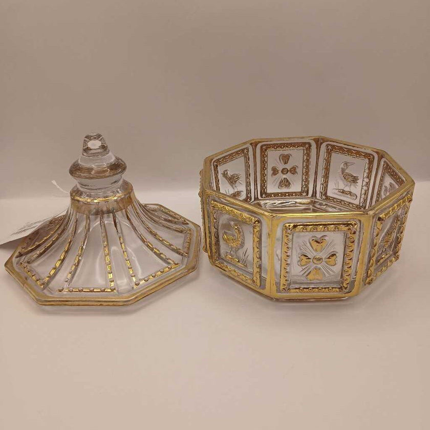 VTG octagon Imperial glass gold painted lidded candy trinket dish