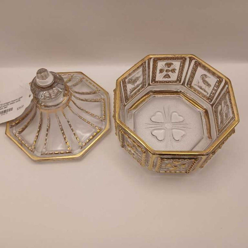 VTG octagon Imperial glass gold painted lidded candy trinket dish