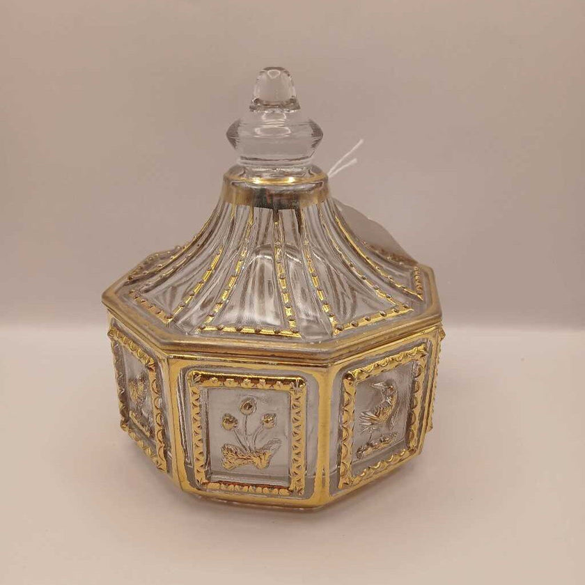 VTG octagon Imperial glass gold painted lidded candy trinket dish