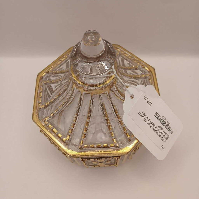 VTG octagon Imperial glass gold painted lidded candy trinket dish