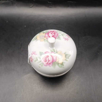 Vintage Small Round Covered Trinket Bowl with Pink Roses