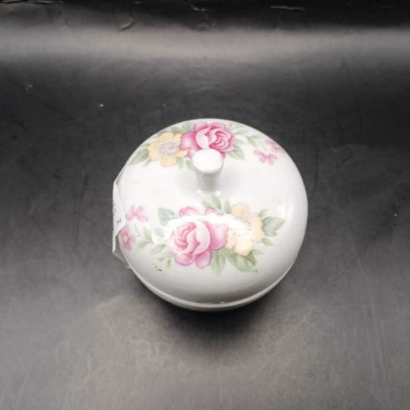 Vintage Small Round Covered Trinket Bowl with Pink Roses