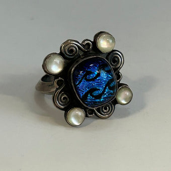 Southwest Style Sterling with Dendroic and Moonstone Ring Size 9