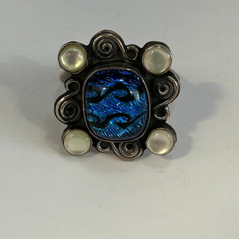 Southwest Style Sterling with Dendroic and Moonstone Ring Size 9
