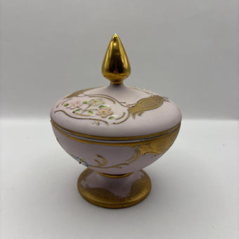 Round Pink & Gold Floral Trinket Dish w/ Lid