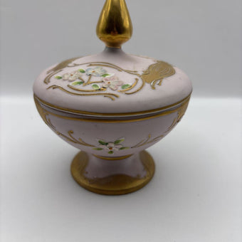 Round Pink & Gold Floral Trinket Dish w/ Lid