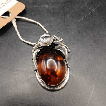 925 Sterling Silver Baltic Amber Art Nouveau Pendant