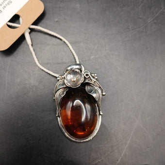 925 Sterling Silver Baltic Amber Art Nouveau Pendant