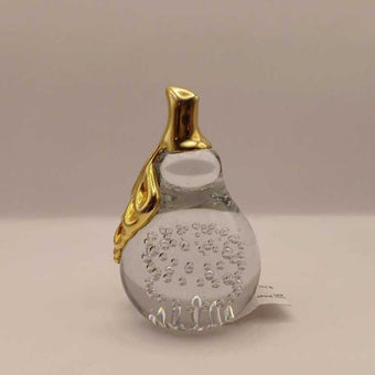 Controlled Bubbles Glass Pear with Gold Stem and Leaf