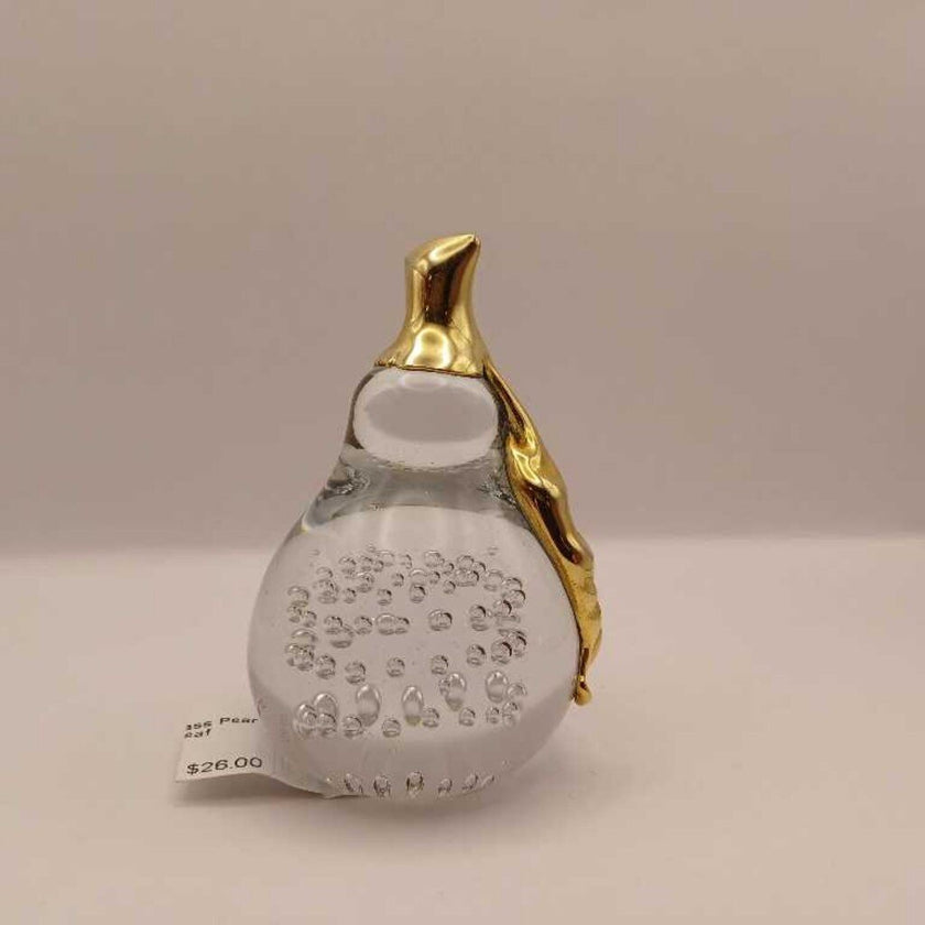 Controlled Bubbles Glass Pear with Gold Stem and Leaf