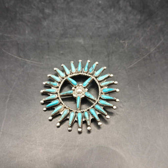Native American Zuni Sterling Silver Needlepoint Turquoise Pin Broach