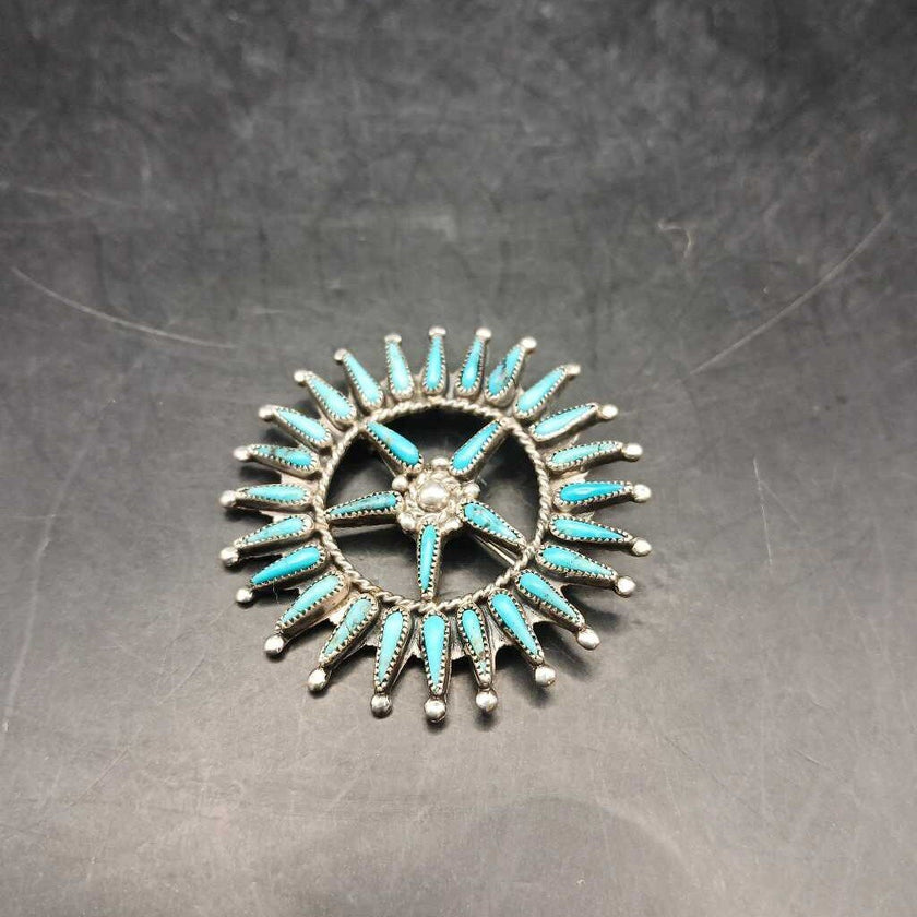 Native American Zuni Sterling Silver Needlepoint Turquoise Pin Broach