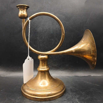 Single Vintage brass horn candlestick holder, decorative faux music instrument taper candle holder, centerpiece rare unusual unique, 70s 80s