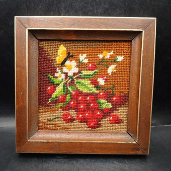 Vintage Framed Needlepoint Butterfly and Cherries
