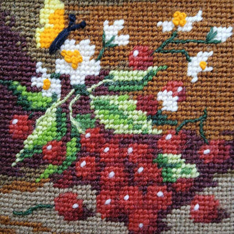 Vintage Framed Needlepoint Butterfly and Cherries