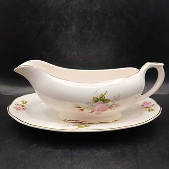 Vtg Canonsburg Gravy Boat with Saucer Rose Bouquet 22K trim - 2 pieces