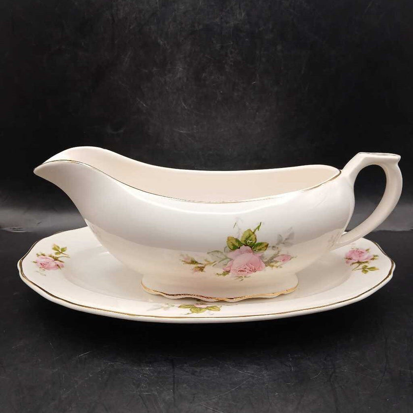 Vtg Canonsburg Gravy Boat with Saucer Rose Bouquet 22K trim - 2 pieces